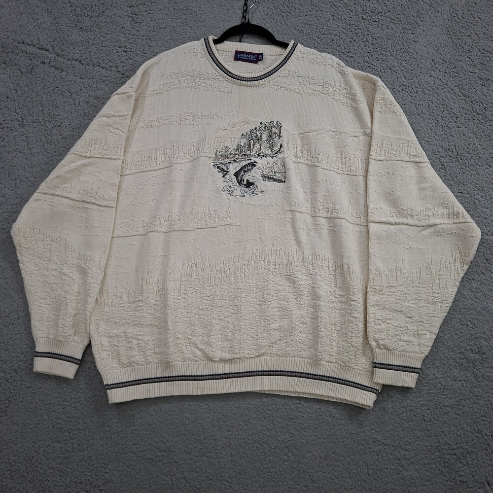 Vintage 90s Carmel Collection Mens Fishing Sweater USA Made Crewneck Beige 2XL